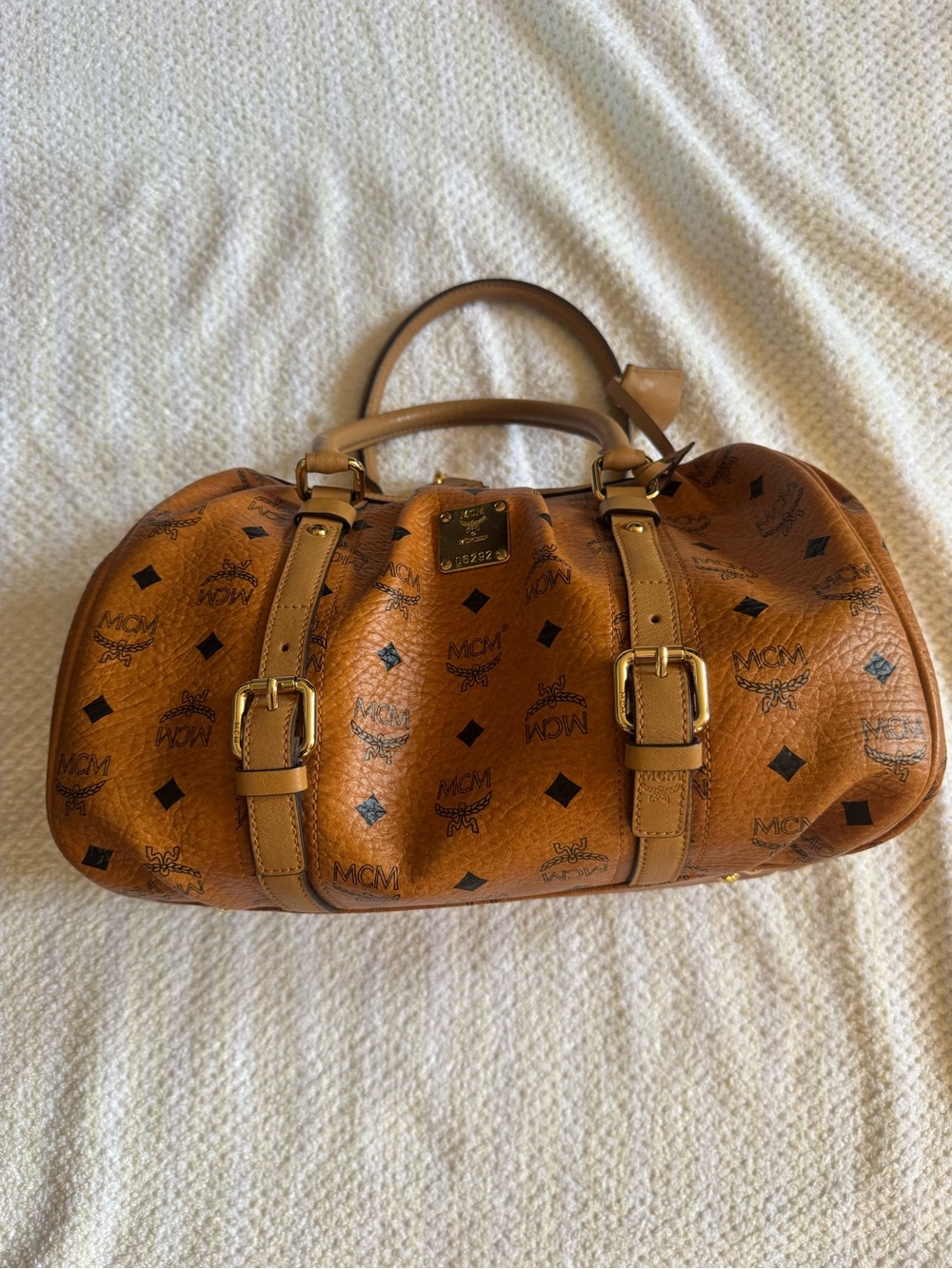 MCM Visetos Barrel Satchel - Cognac Tan with Black Monogram